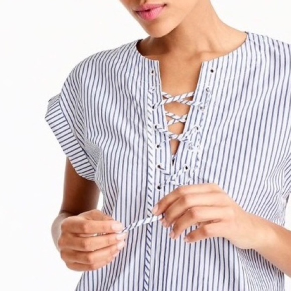 J.Crew Lace-up Striped Popover Top - Blue & White